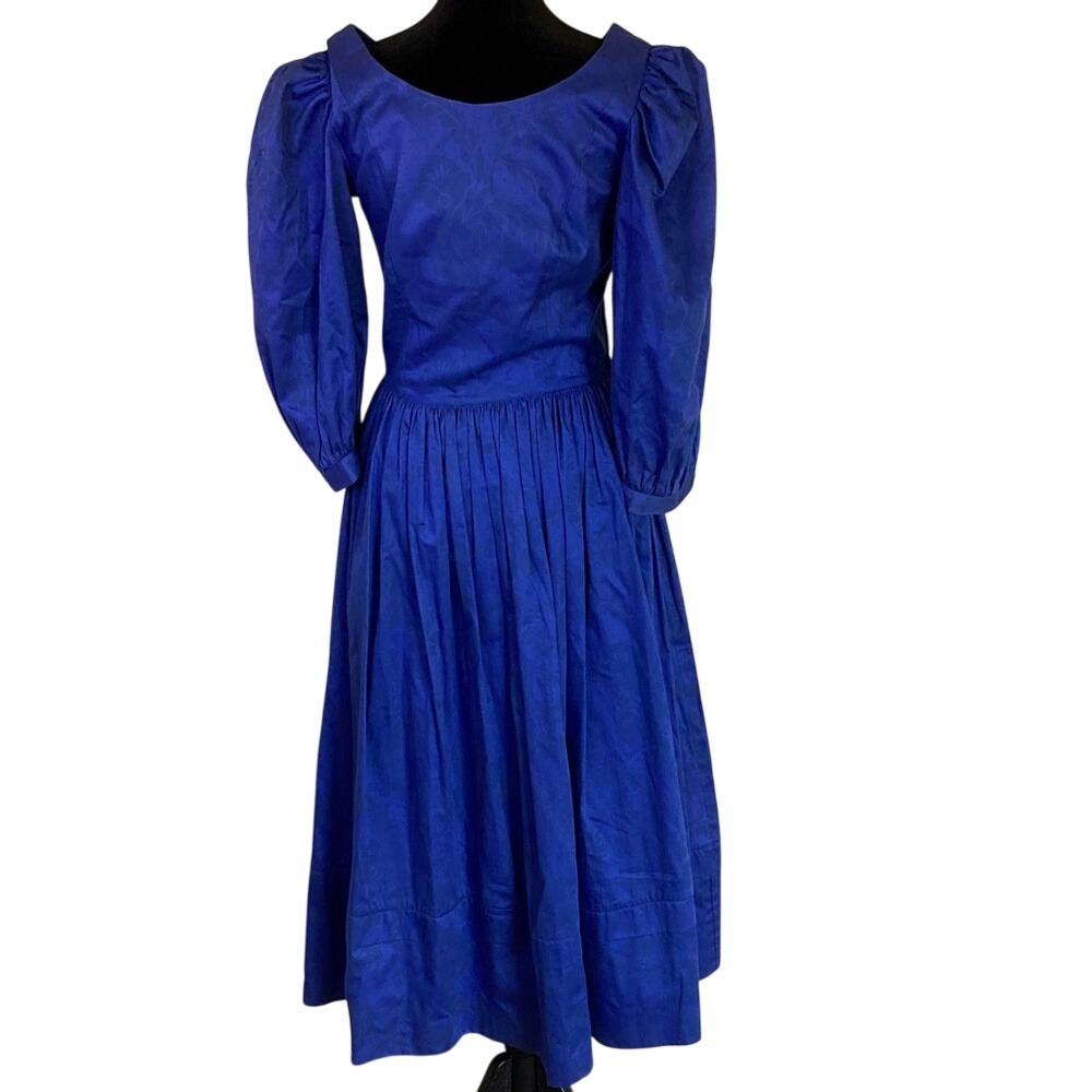 Vintage Laura Ashley Mid Tea Dress W Pockets‎ Fit Flare Cobalt Blue Size 10